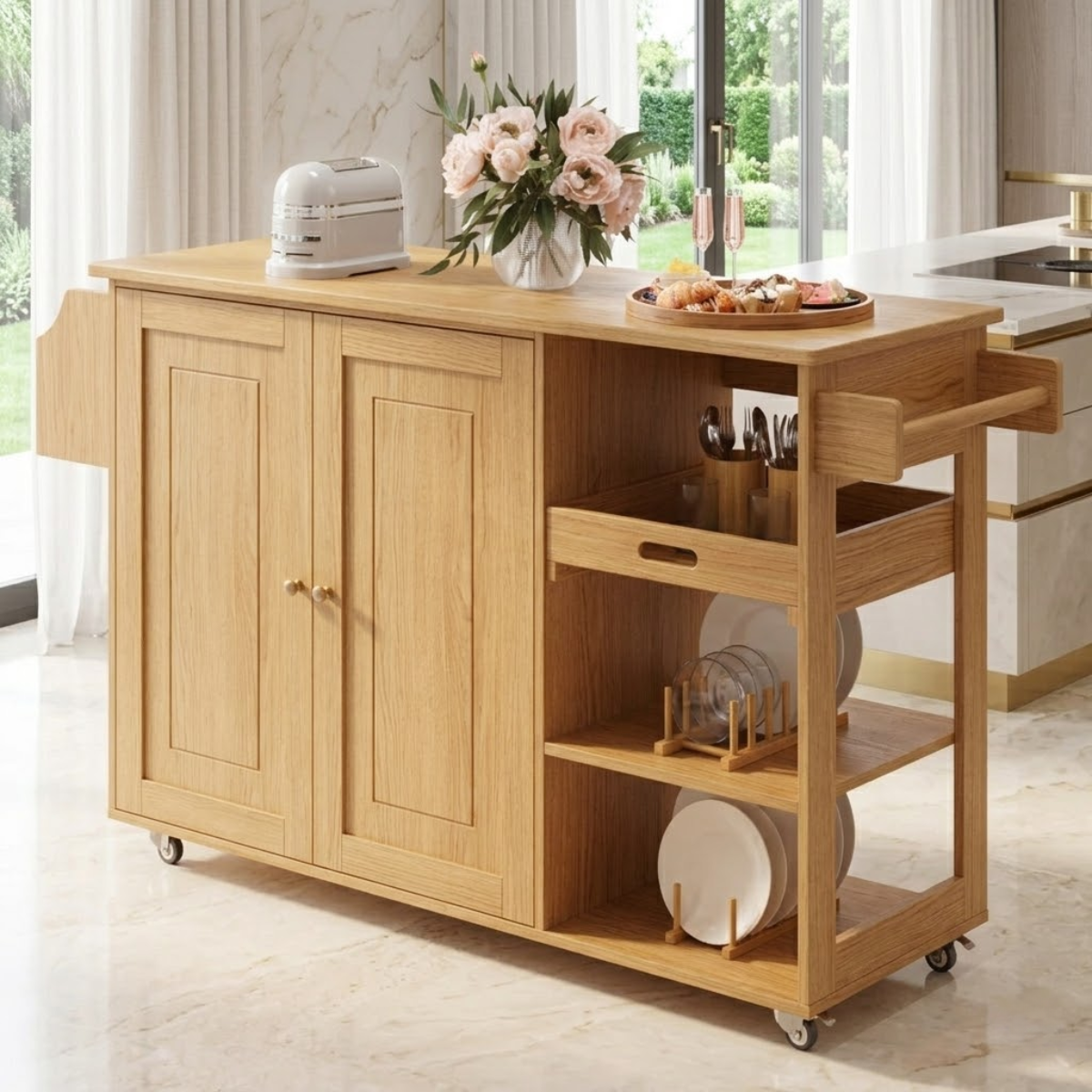 Rolling Kitchen Island with Storage Cabinet, Pull Out Tray, Modern Prep Cart for Dining Space
