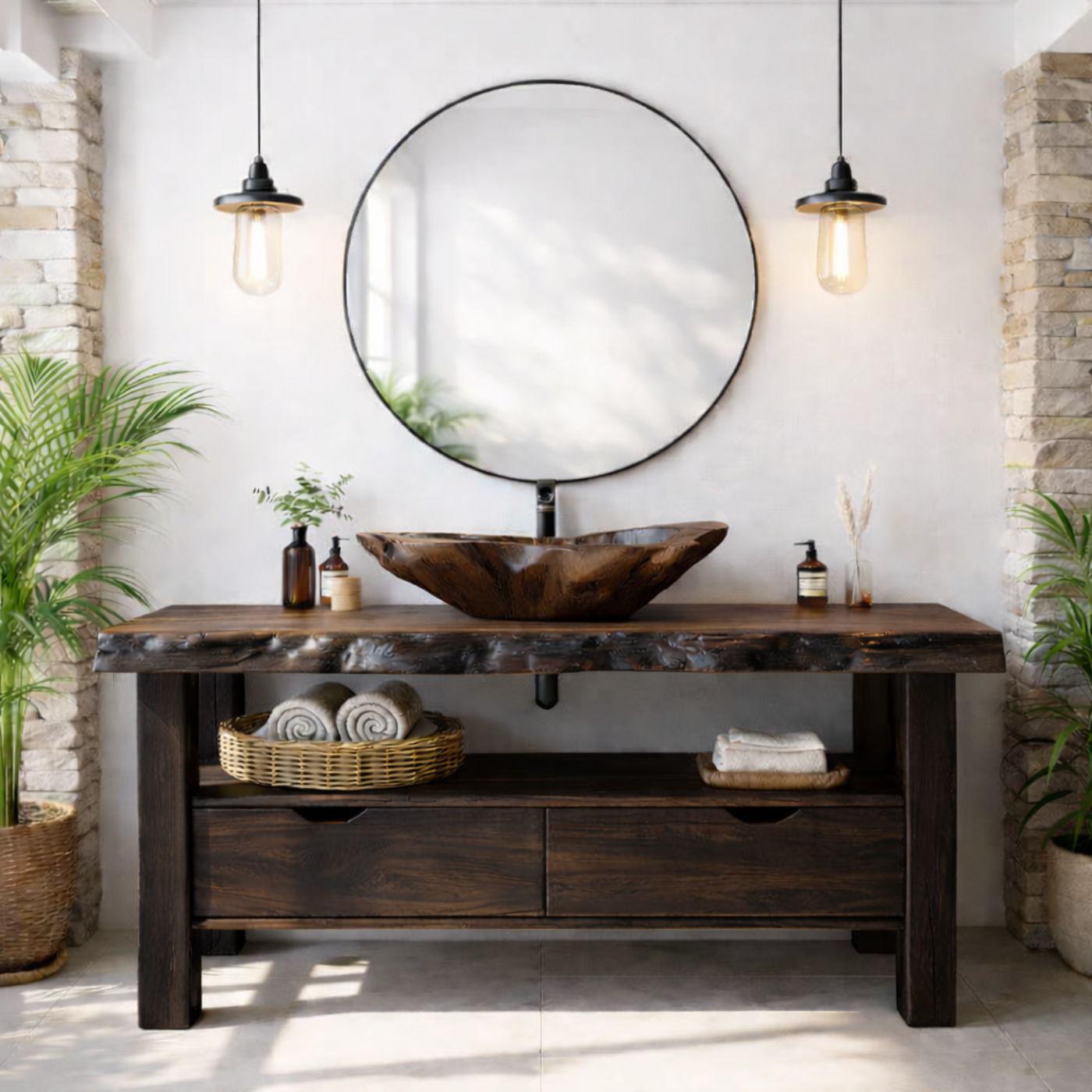 Solid Wood Bathroom Vanity with Live Edge Countertop and Open Shelf – Rustic Modern Bathroom Cabinet Kitchnce