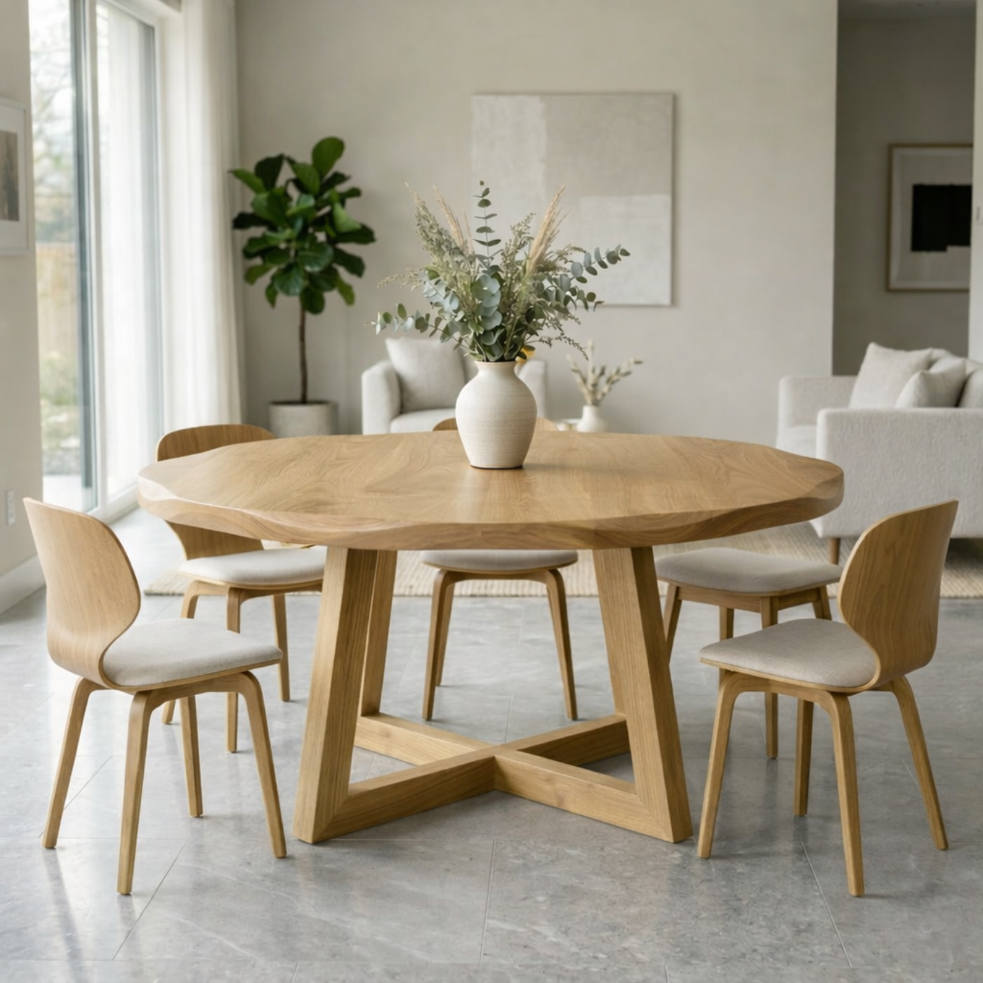 Round Solid Wood Dining Table for Dining Room with Sculptural Pedestal Base