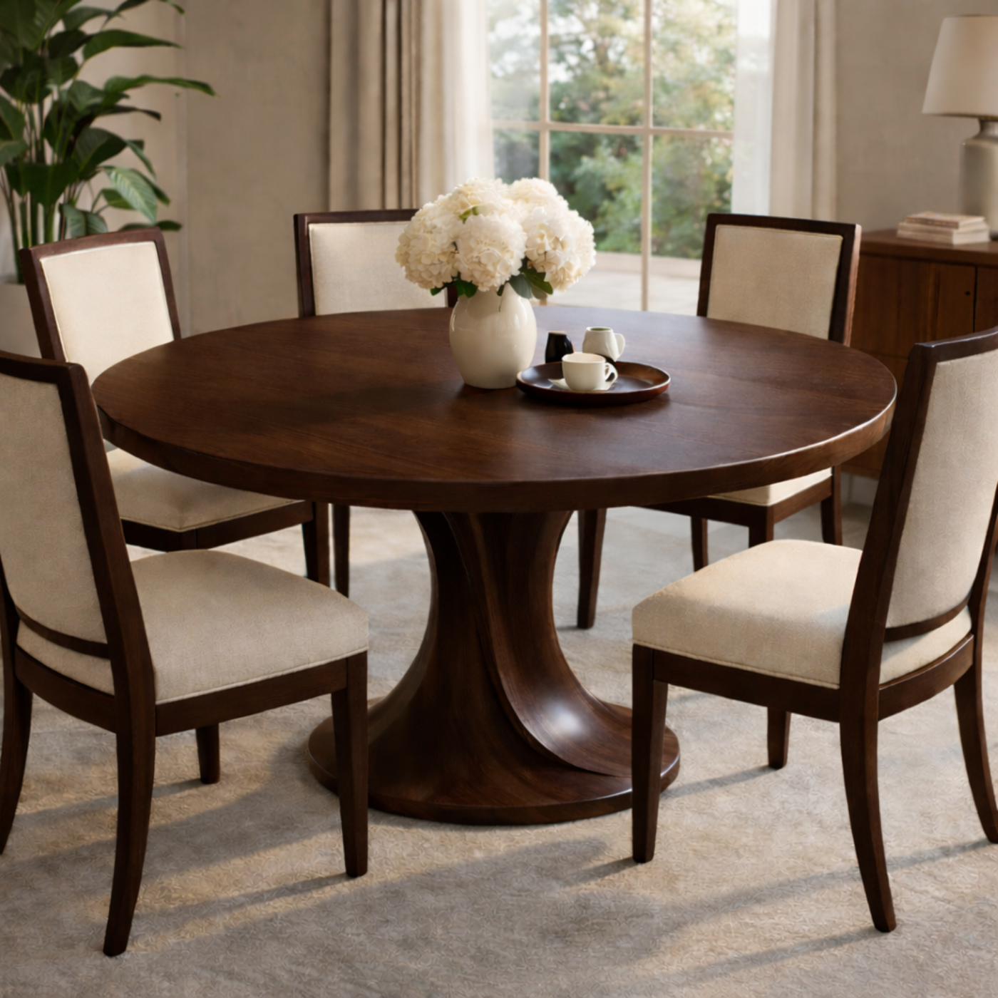 Round Solid Wood Dining Table for Modern Home with Pedestal Base