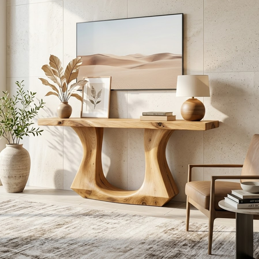 Solid Wood Console Table with Sculptural Curved Base, Modern Art Design