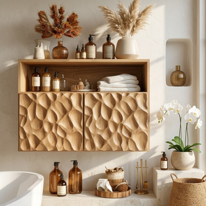 Floating Bathroom Cabinet, Sculpted Double Door Wall Mounted Vanity Storage Unit