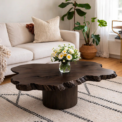 Live Edge Solid Wood Coffee Table for Living Room with Pedestal Base Kitchnce