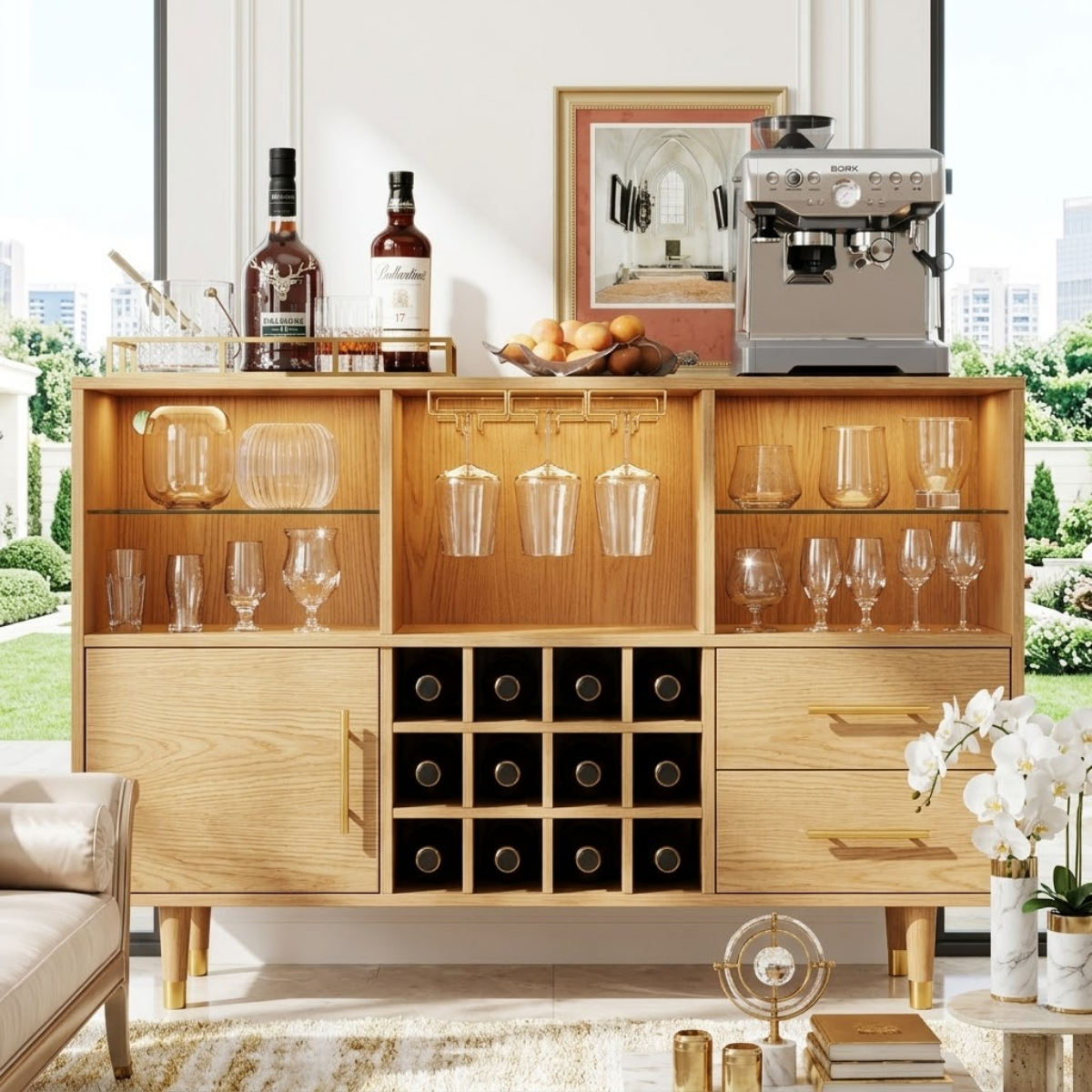 Modern Wooden Bar Cabinet, Coffee Station Sideboard with Built-In Wine-Glass Storage
