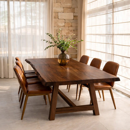 Live Edge Solid Wood Dining Table for Dining Room with Wooden Base Kitchnce