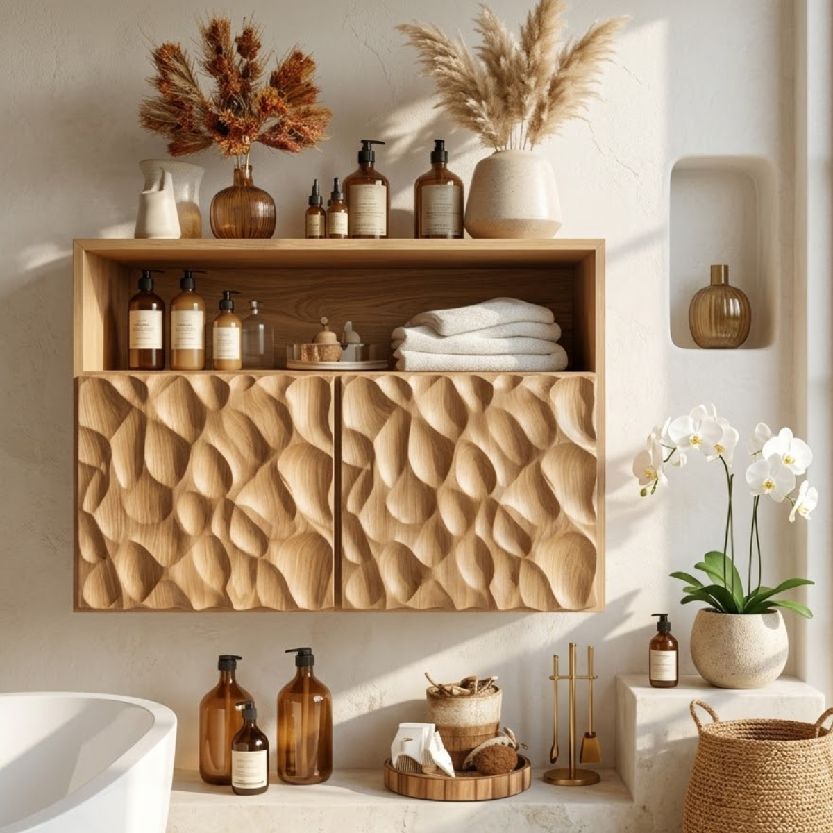 Floating Bathroom Cabinet, Sculpted Double Door Wall Mounted Vanity Storage Unit