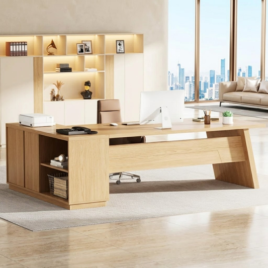 L Shaped Executive Desk with Storage, Modern Corner Office Table for Home Office Study
