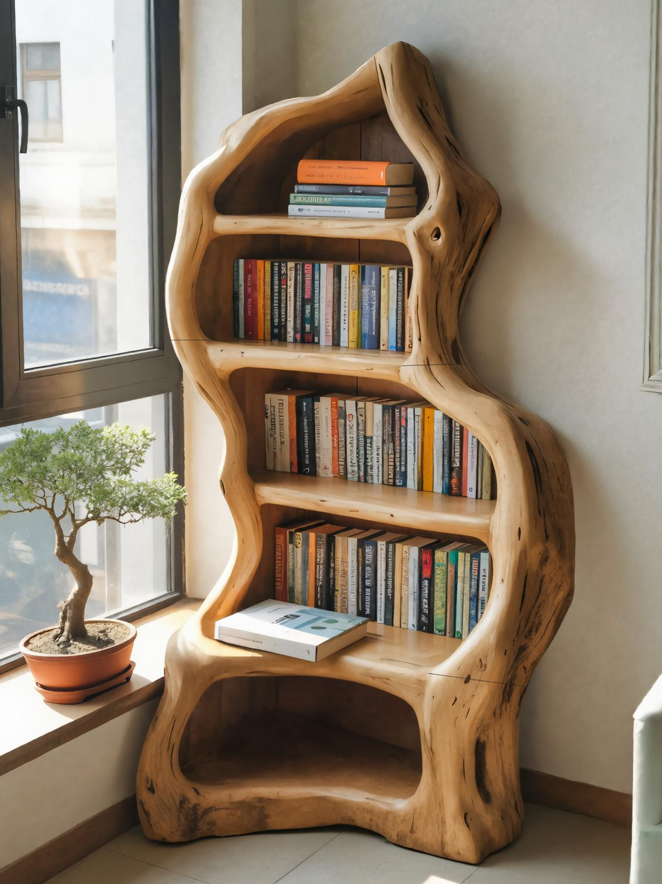 Organic Live Edge Bookshelf For Rustic Living Room Or Office Kitchnce