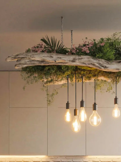 Rustic Driftwood Ceiling Light With Hanging Bulbs For Dining Room Kitchnce