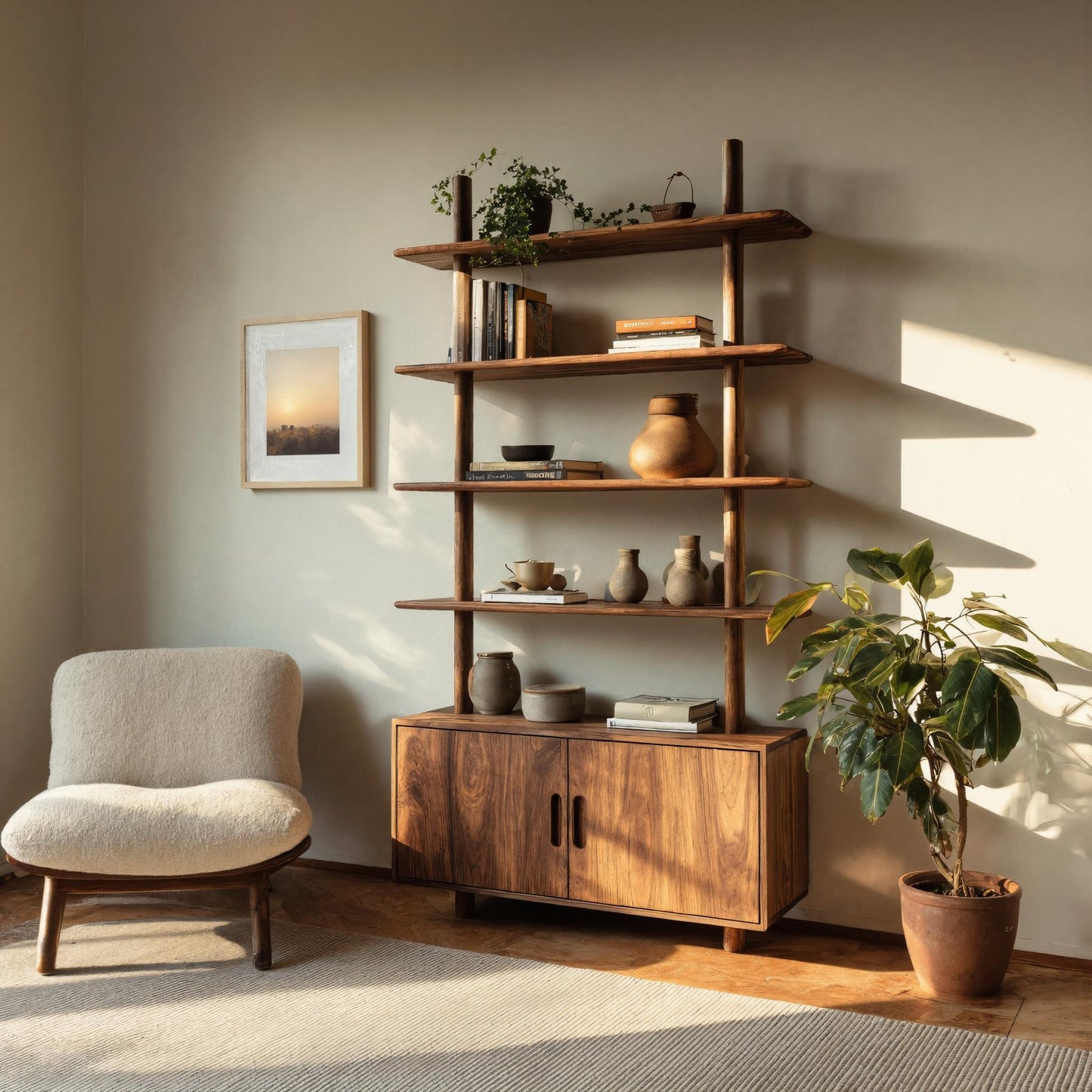 Mid Century Wooden Bookcase With Closed Storage For Living Kitchnce