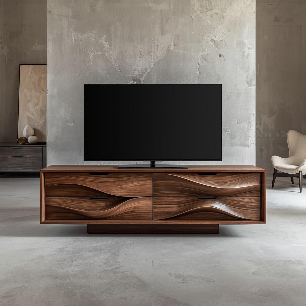 Solid Wood TV Stand with Sculpted Wave Doors – Modern Minimalist Media Console