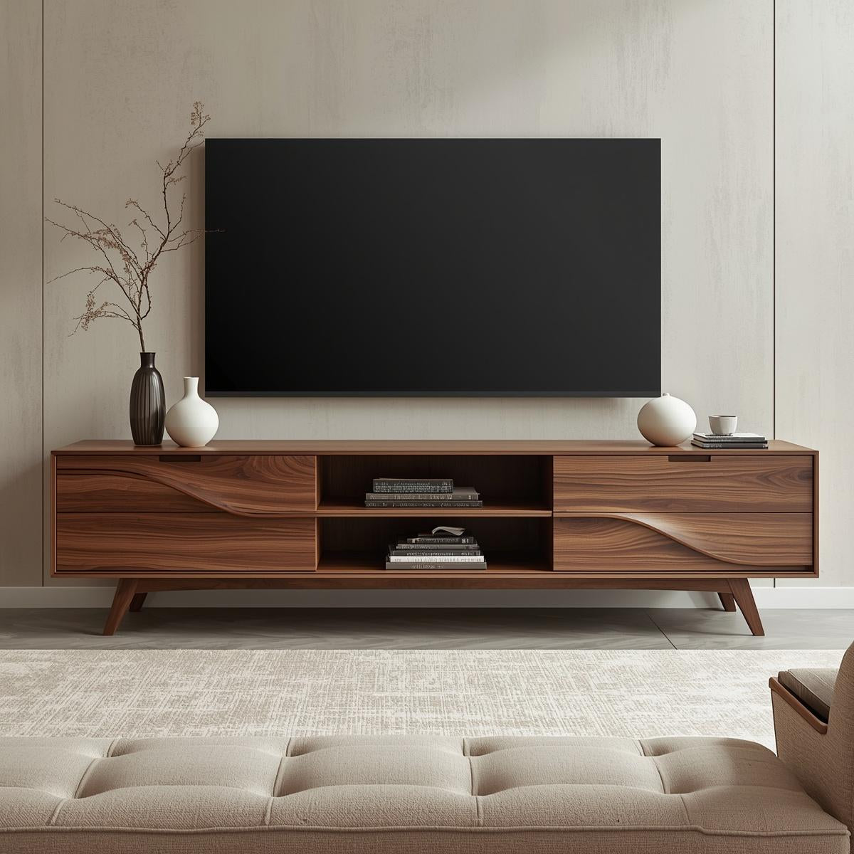 Solid Wood TV Stand with Wave Carved Drawers – Modern Mid-Century Media Console