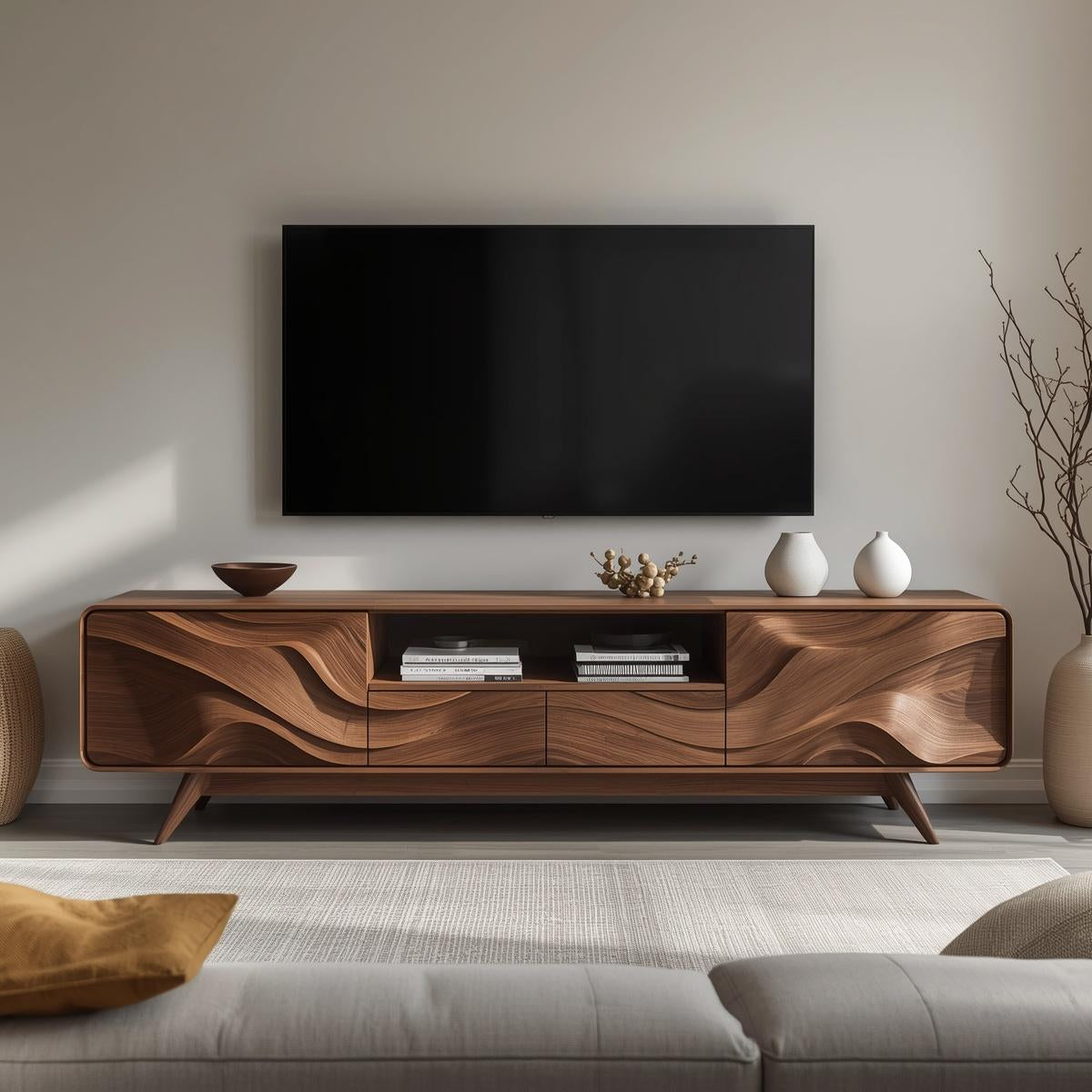 Solid Wood TV Stand with Sculpted Wave Front – Modern Rustic Media Console