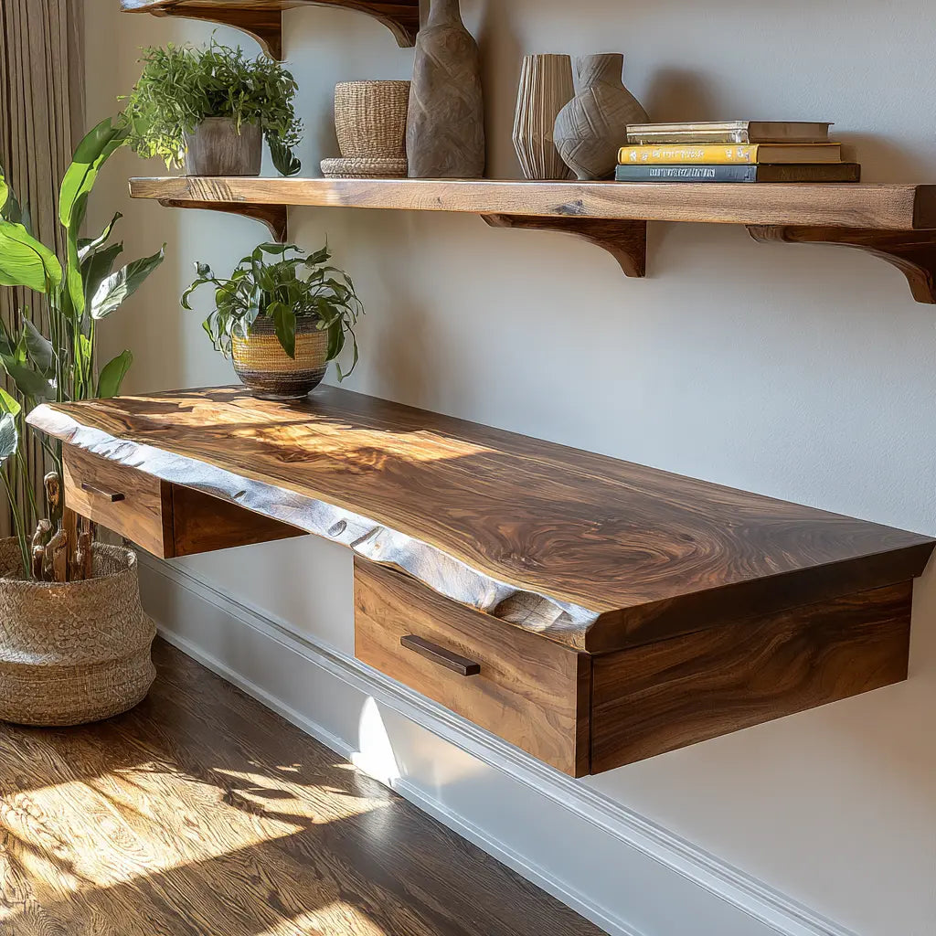 Aelric Live Edge Solid Wood Floating Desk with Drawers Kitchnce