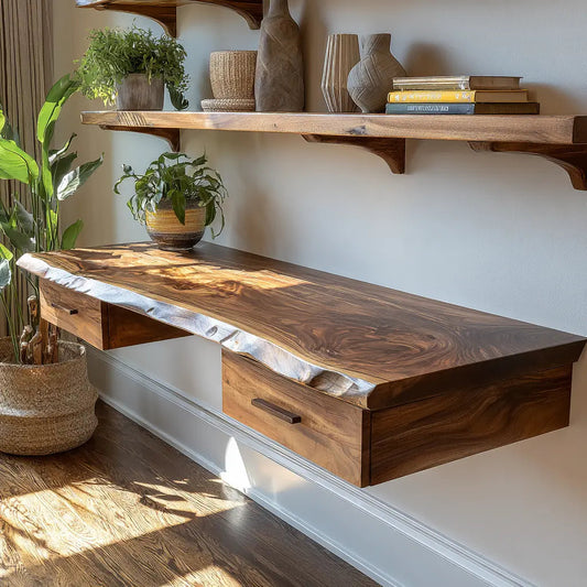 Aelric Live Edge Solid Wood Floating Desk with Drawers Kitchnce