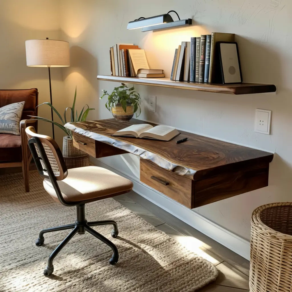 Aelric Live Edge Solid Wood Floating Desk with Drawers Kitchnce