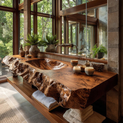 Alveric Sculpted Live Edge Solid Wood Floating Bathroom Vanity with Integrated Sink SPA365248 Kitchnce