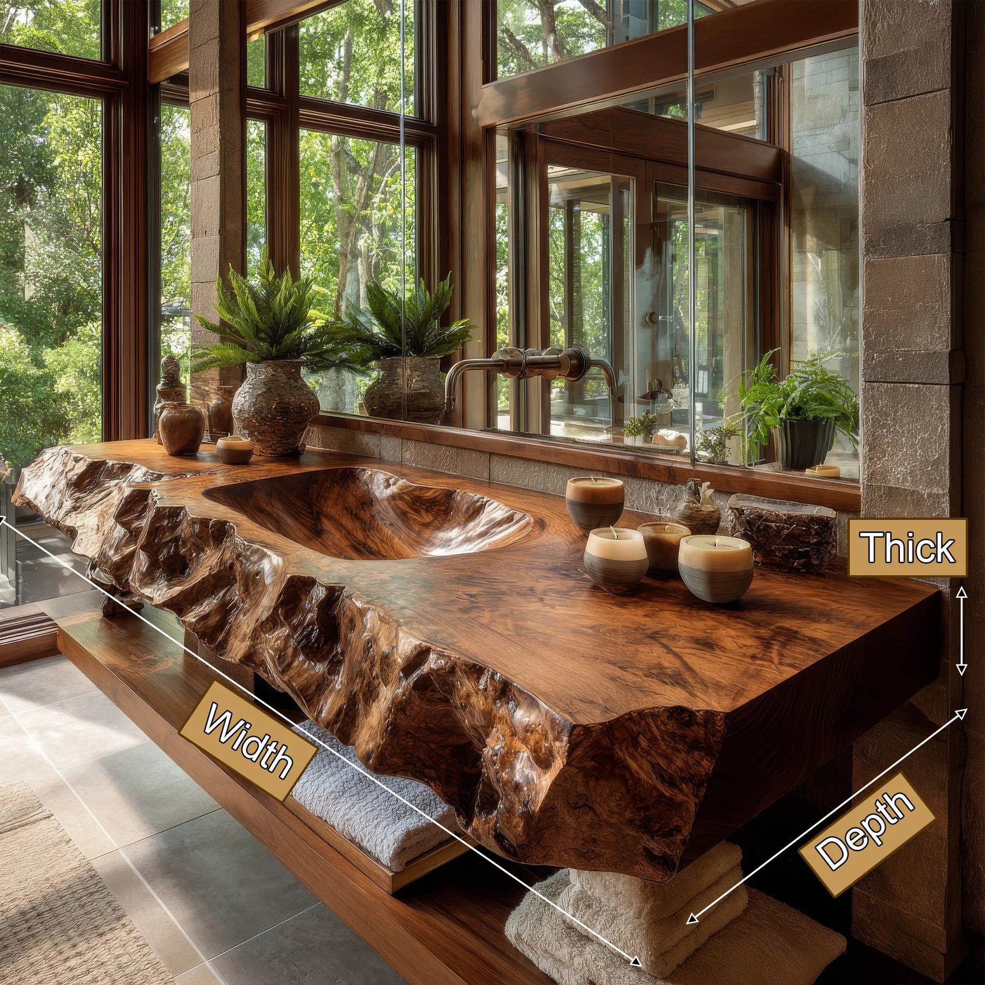 Alveric Sculpted Live Edge Solid Wood Floating Bathroom Vanity with Integrated Sink SPA365248 Kitchnce