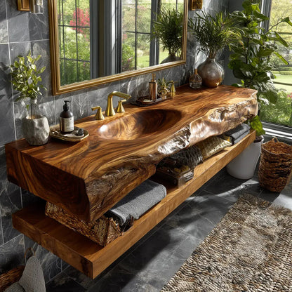 Alverin Live Edge Solid Wood Floating Bathroom Vanity with Integrated Sink SPA365012 Kitchnce