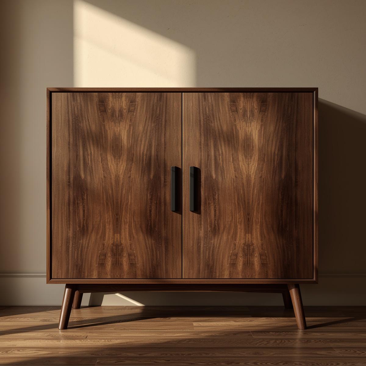 Sleek Walnut Console Cabinet -  Mid-Century Modern Design with Black Handles