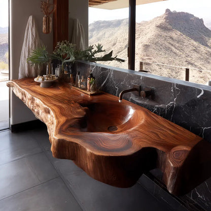 Ardento Sculpted Live Edge Solid Wood Floating Bathroom Vanity with Integrated Sink SPA353452 Kitchnce