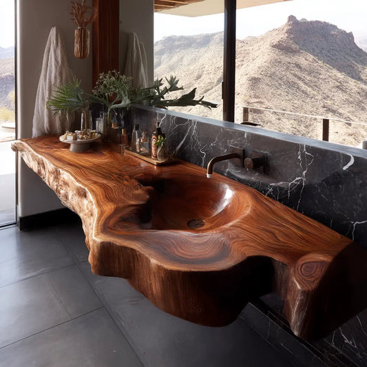 Ardento Sculpted Live Edge Solid Wood Floating Bathroom Vanity with Integrated Sink SPA353452 Kitchnce