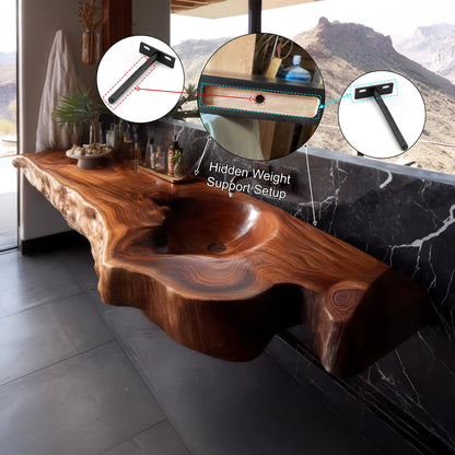 Ardento Sculpted Live Edge Solid Wood Floating Bathroom Vanity with Integrated Sink SPA353452 Kitchnce