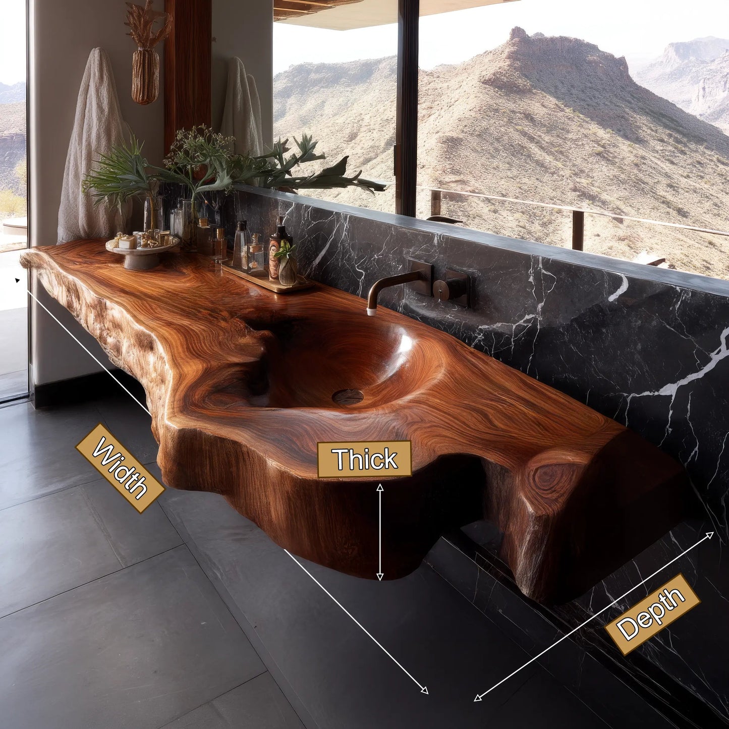 Ardento Sculpted Live Edge Solid Wood Floating Bathroom Vanity with Integrated Sink SPA353452 Kitchnce