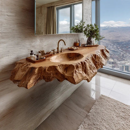 Arvella Live Edge Solid Wood Floating Bathroom Vanity with Integrated Sink Kitchnce