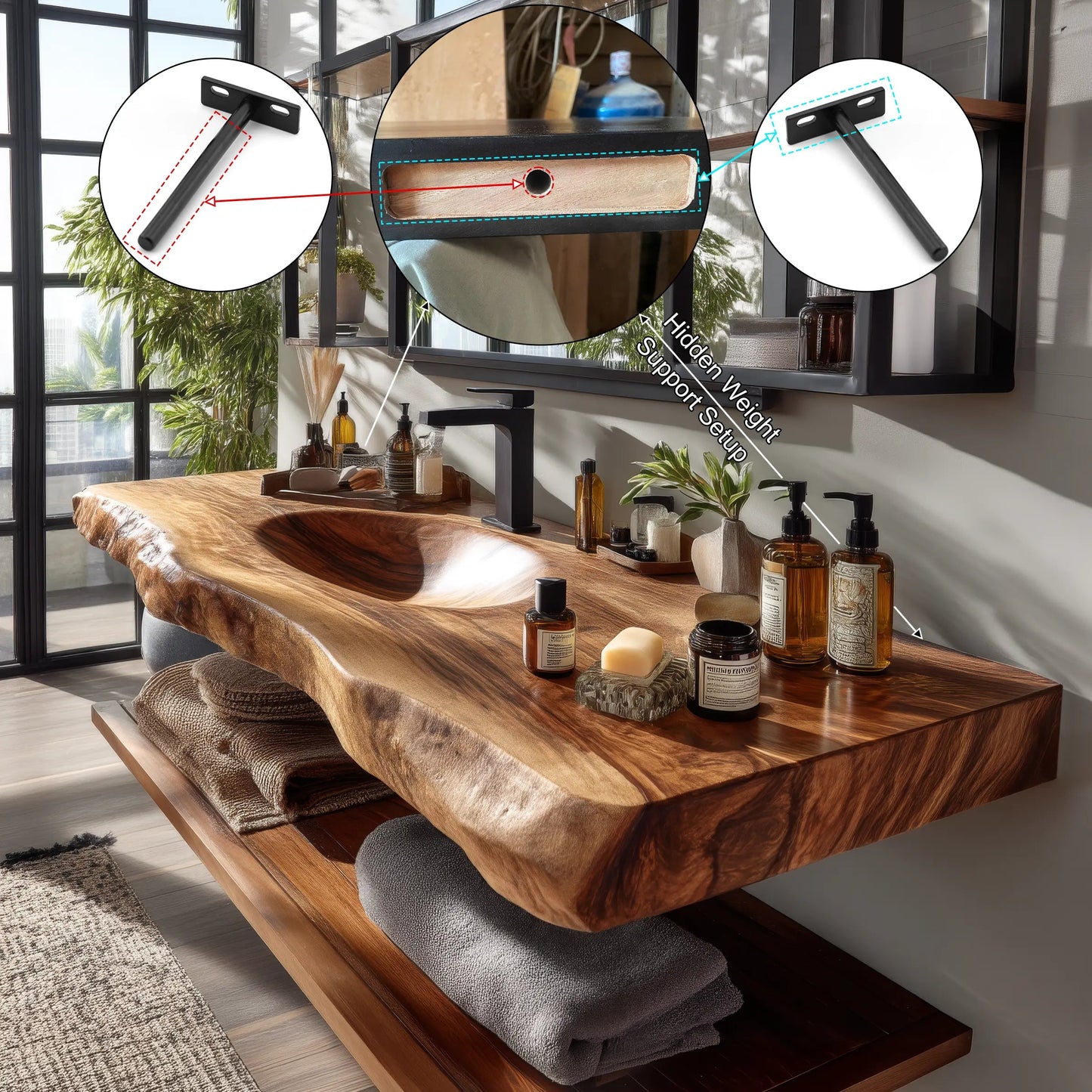Arvion Live Edge Solid Wood Floating Bathroom Vanity with Integrated Sink SPA951365 Kitchnce