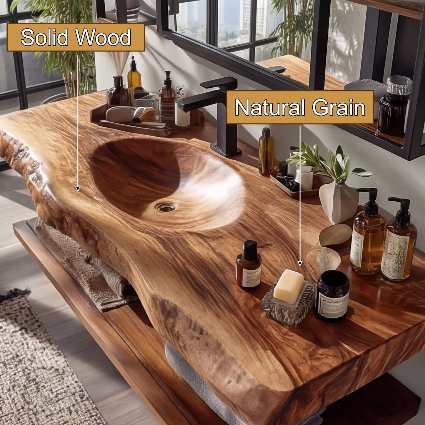 Arvion Live Edge Solid Wood Floating Bathroom Vanity with Integrated Sink SPA951365 Kitchnce
