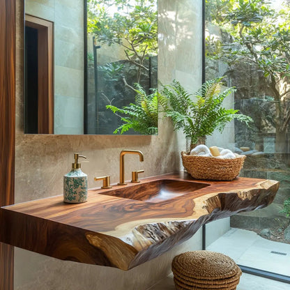 Averra Live Edge Solid Wood Floating Bathroom Vanity with Integrated Sink Kitchnce