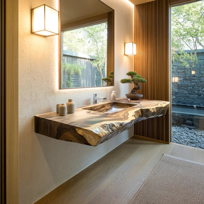 Averra Live Edge Solid Wood Floating Bathroom Vanity with Integrated Sink Kitchnce