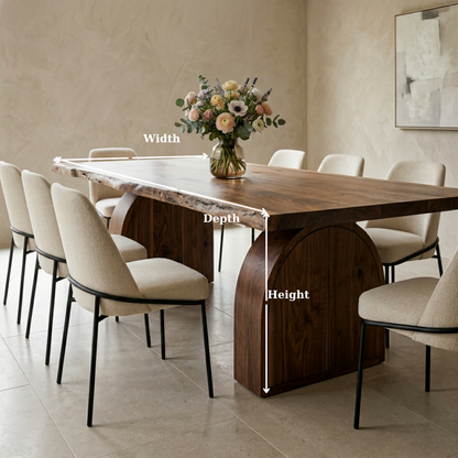 Solid Wood Live Edge Dining Table with Arch Base and Hidden Storage