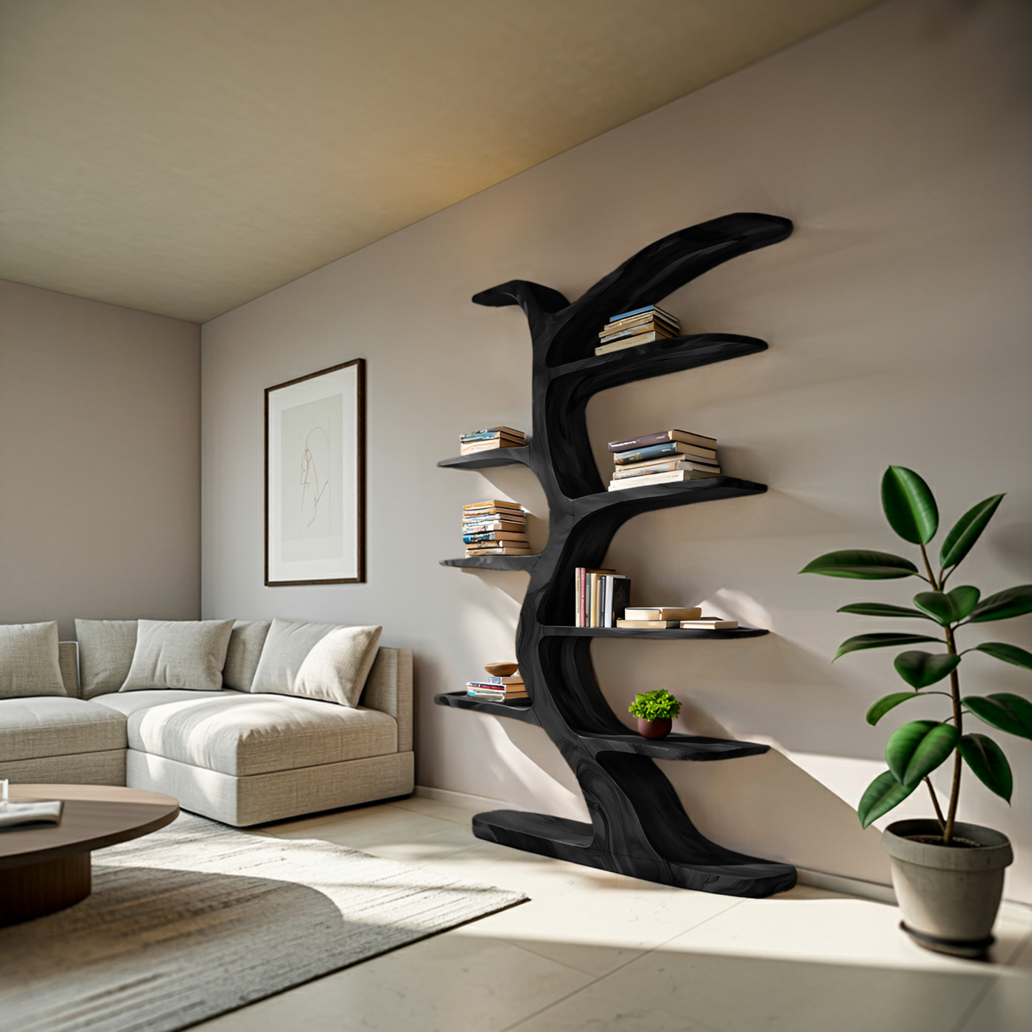 Modern Bookshelf Tree Inspired Curved Design For Living Room Kitchnce