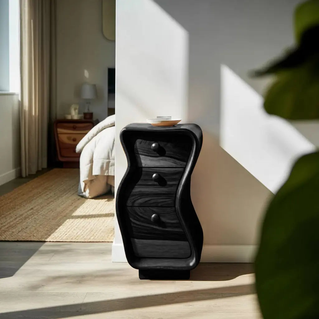 Wavy Sculpted Nightstand With Drawers For Bedroom And Contemporary Interior Kitchnce
