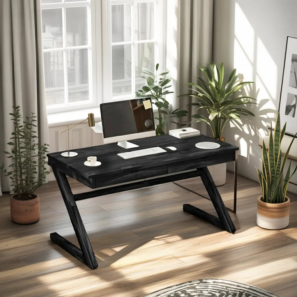 Modern Z Leg Wooden Writing Desk With Drawers For Home Office Or Studio Kitchnce