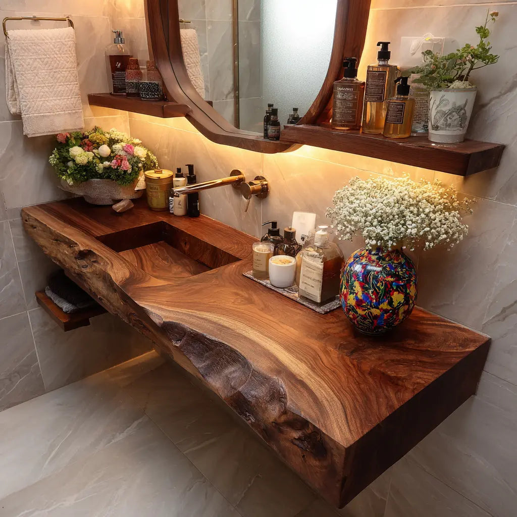 Bravion Live Edge Solid Wood Floating Bathroom Vanity with Integrated Sink SPA912538 Kitchnce
