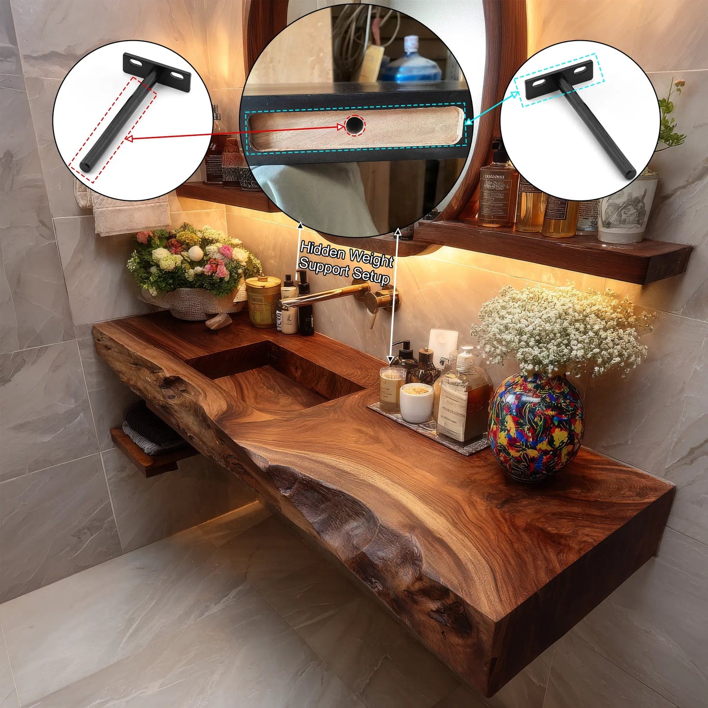 Bravion Live Edge Solid Wood Floating Bathroom Vanity with Integrated Sink SPA912538 Kitchnce