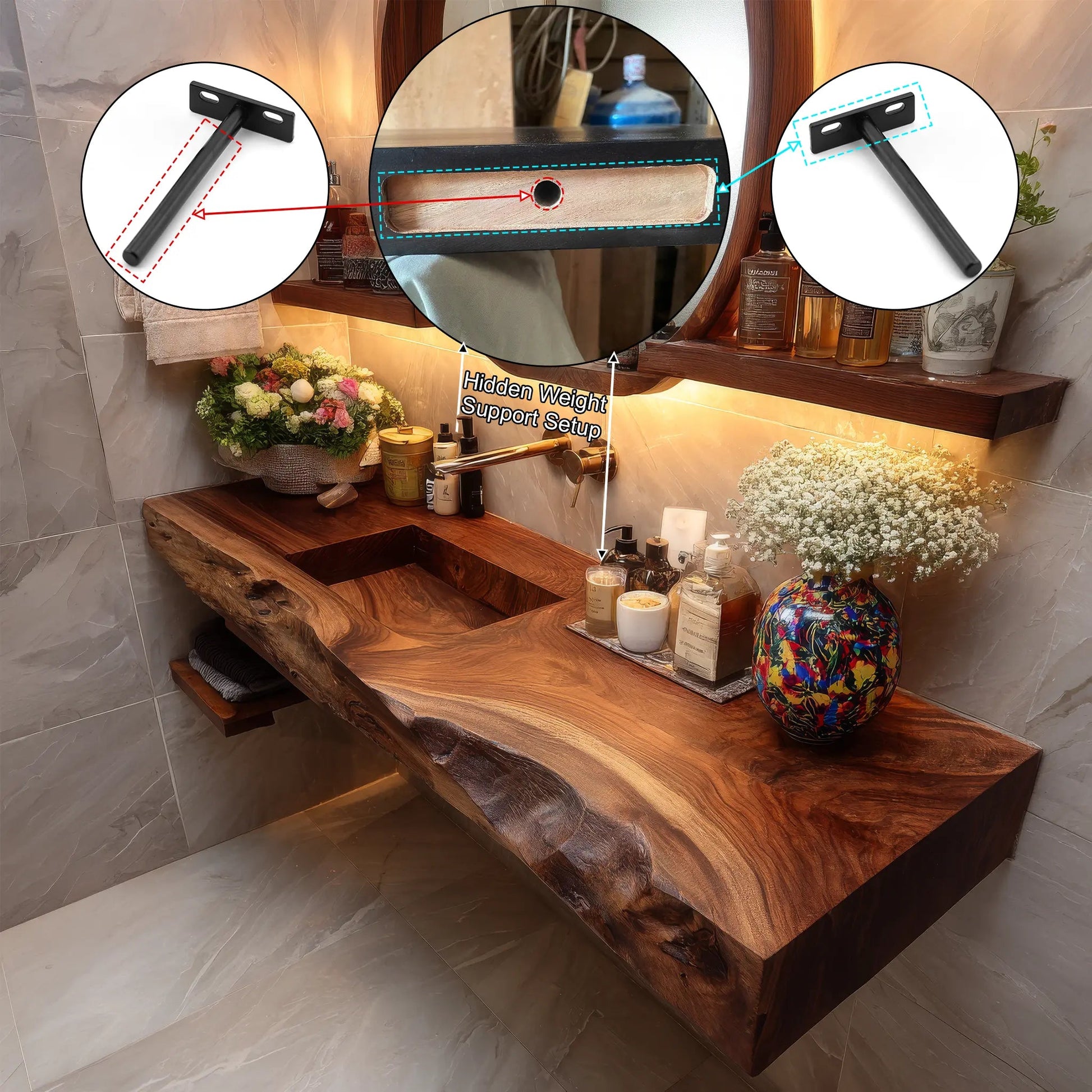 Bravion Live Edge Solid Wood Floating Bathroom Vanity with Integrated Sink SPA912538 Kitchnce