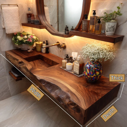 Bravion Live Edge Solid Wood Floating Bathroom Vanity with Integrated Sink SPA912538 Kitchnce