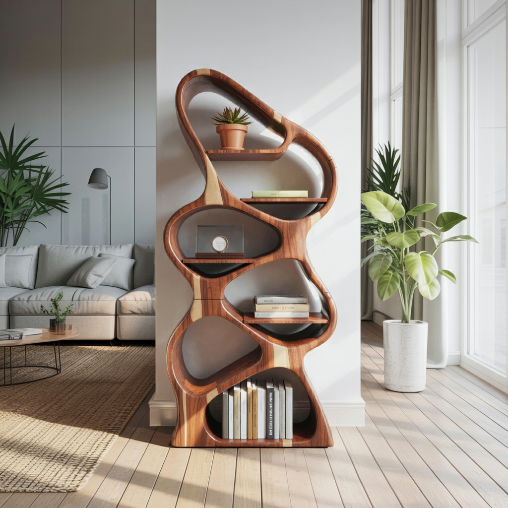 Modern Sculptural Bookshelf With Flowing Shelves For Home Library And Living Room Kitchnce