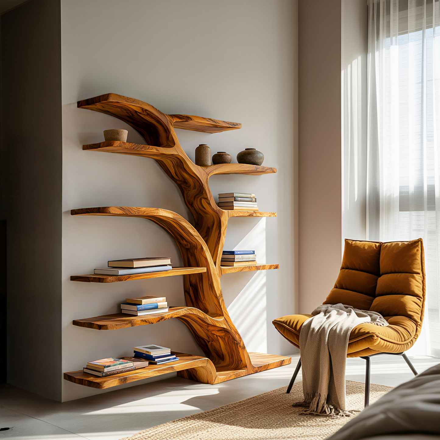 Modern Bookshelf Flowing Curved Design For Living Decor Kitchnce