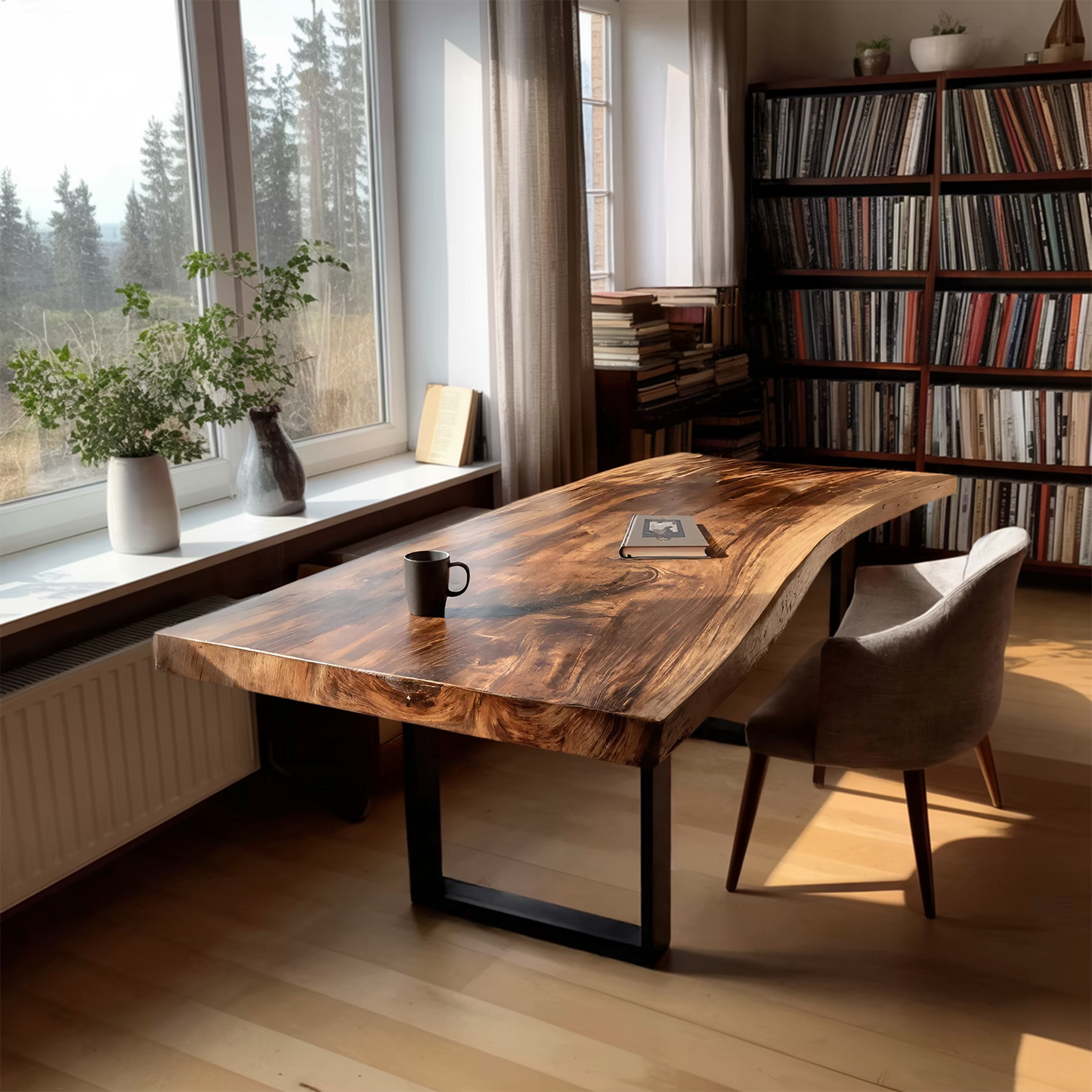 Mid Century Rustic Wooden Live Edge Desk For Home Office