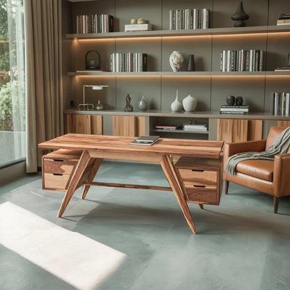 Modern Executive Wooden Desk With Angled Legs And Drawers For Home Office Kitchnce