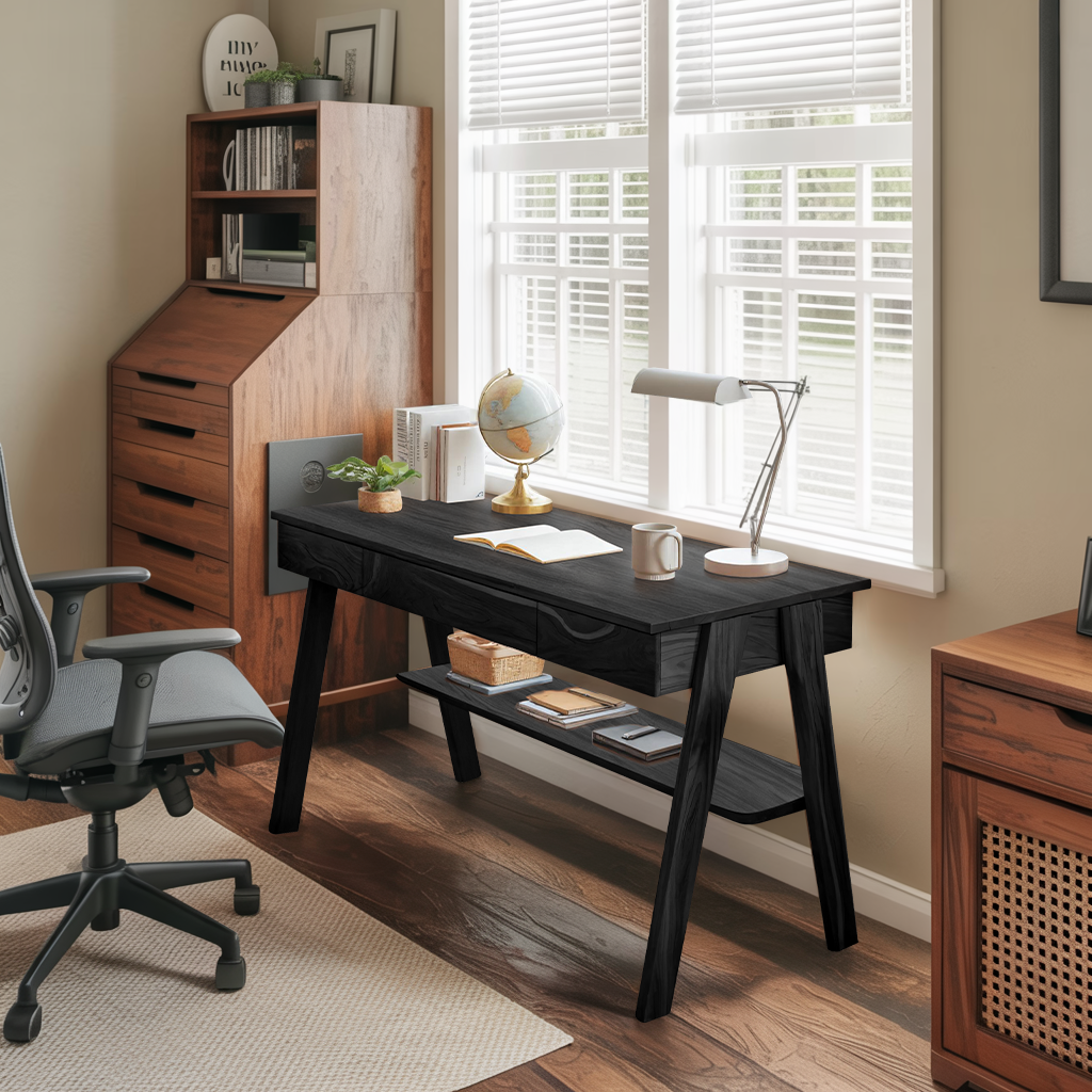 Mid Century Wooden Writing Desk With Drawers And Shelf For Home Office Kitchnce