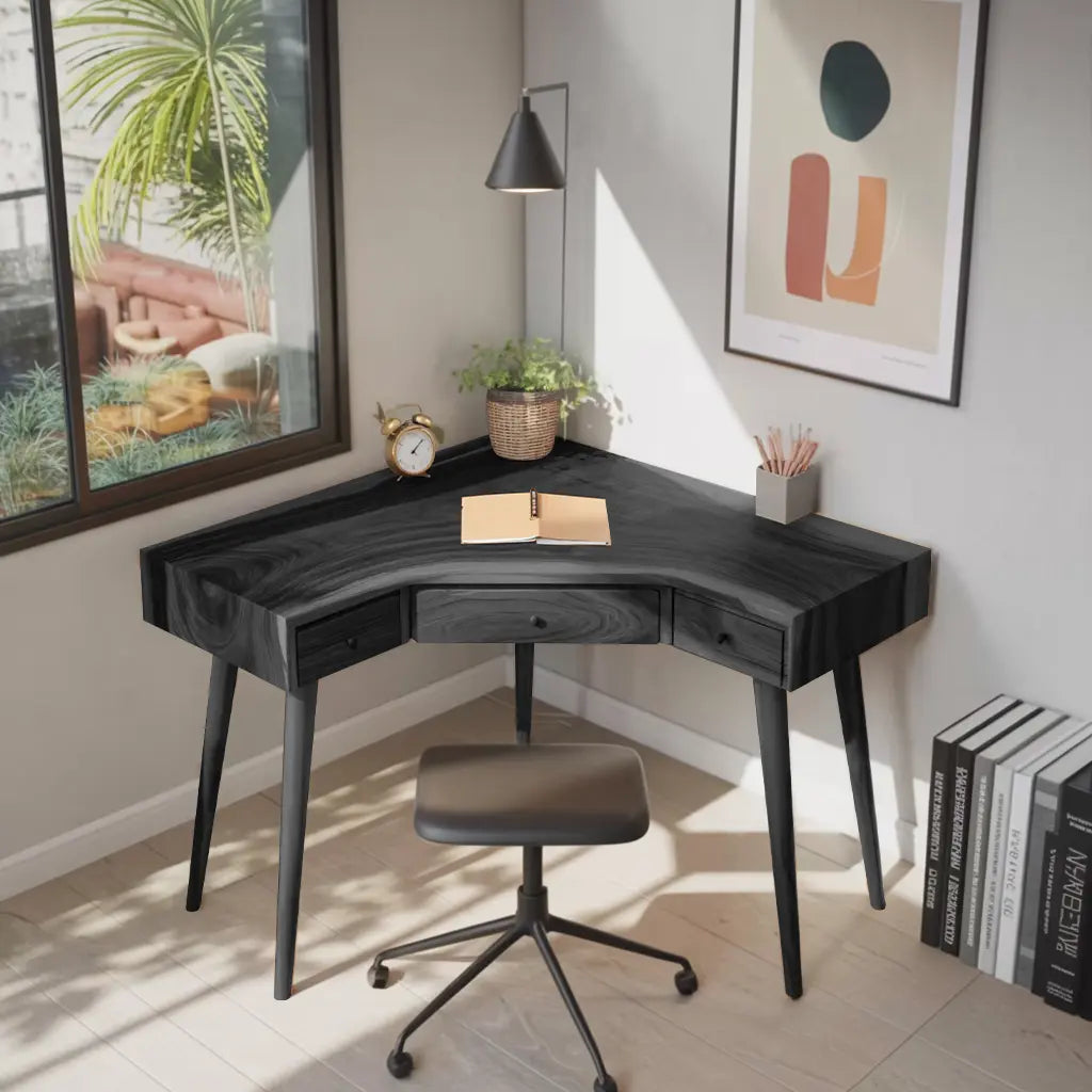 Mid Century Corner Wooden Desk With Drawer For Home Office Or Study Kitchnce