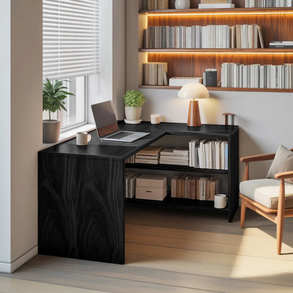 Modern L Shaped Wooden Desk With Bookshelf For Home Office Or Study Kitchnce