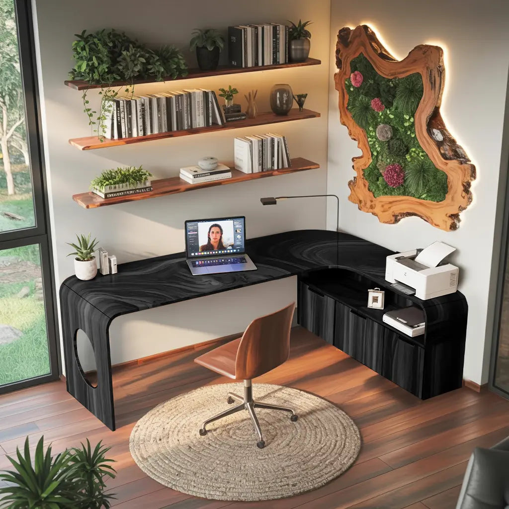 Modern L Shaped Wooden Desk With Rounded Corners For Executive Office Kitchnce