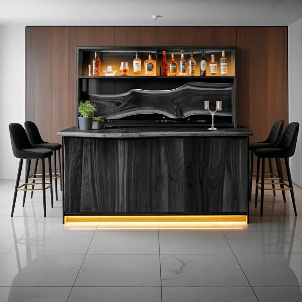 Modern Live Edge Indoor Bar Table With Wave Shelf For Home Lounge Kitchnce